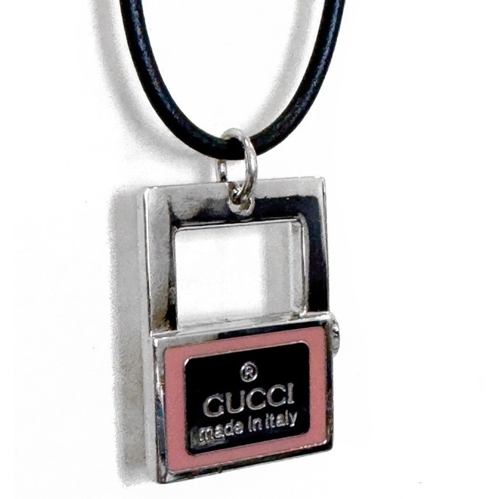 Gucci Padlock Pendant Necklace Chrome / Pink 18" Length